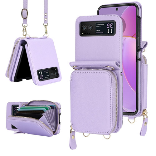 Motorola Razr 2023 Long and Short Lanyard Zipper Card Slot Foldable Phone Case - Purple